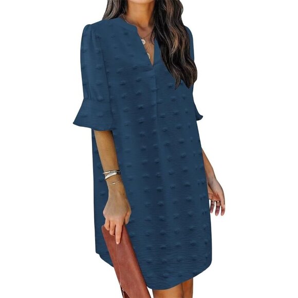 Dresses & Skirts - Womens Mblue 100%Polyester V-Neck Loose Fit Short Sleeve Knee Length Shift Dress